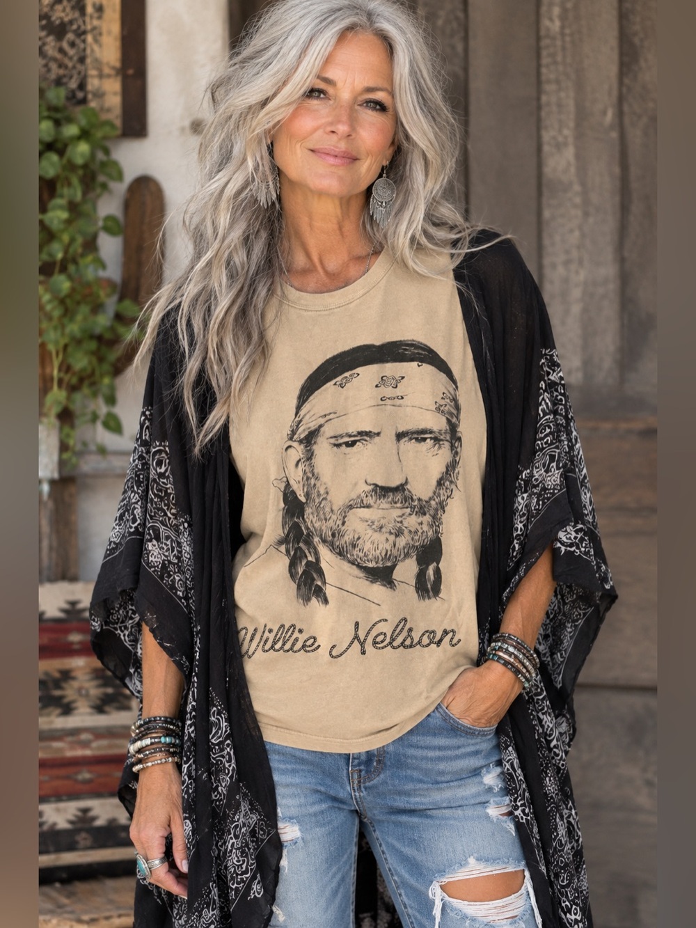Vintage Style Willie Nelson Portrait Graphic T-Shirt with Butterfly Sleeves